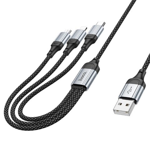 USB Cable Hoco X102, (USB type-A, USB type C, micro USB type-B, Lightning, 100 cm, 2.4 A, black, nylon braided, 3 in 1) #5942007608794 Preview 1