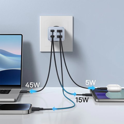 Adaptador de red Baseus GaN6 Pro, 65 W, Power Delivery (PD), Fast Charge, azul claro, 4 puertos, #P10162701313-00 Vista previa  3