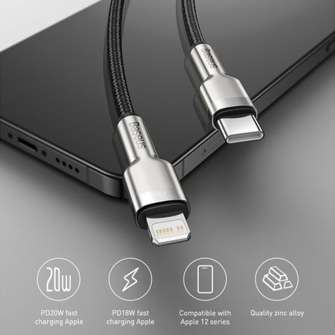 USB кабель Baseus Cafule Series Metal, USB тип-C, Lightning, 200 см, 20 Вт, черный, в нейлоновой оплетке, #CATLJK-B01 Превью 2