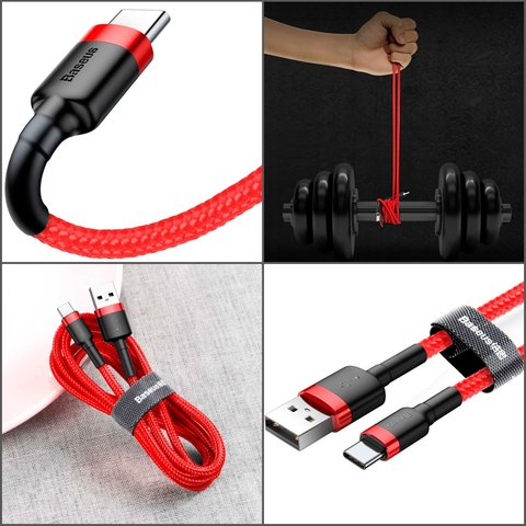 USB кабель Baseus Cafule, USB тип-C, USB тип-A, 300 см, 2 A, червоний, в нейлоновому обплетенні, #CATKLF-U09 Прев'ю 2